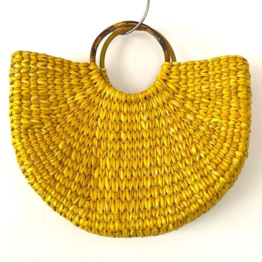 Anthropologie Vineet Bahl Yellow Woven Tote Bag Structured Wood Handle Vacation